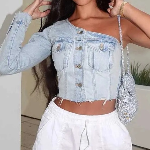 Zara Jackets & Blazers - Zara Light Blue Asymmetric Trf Denim One Shoulder Jean Top/Jacket